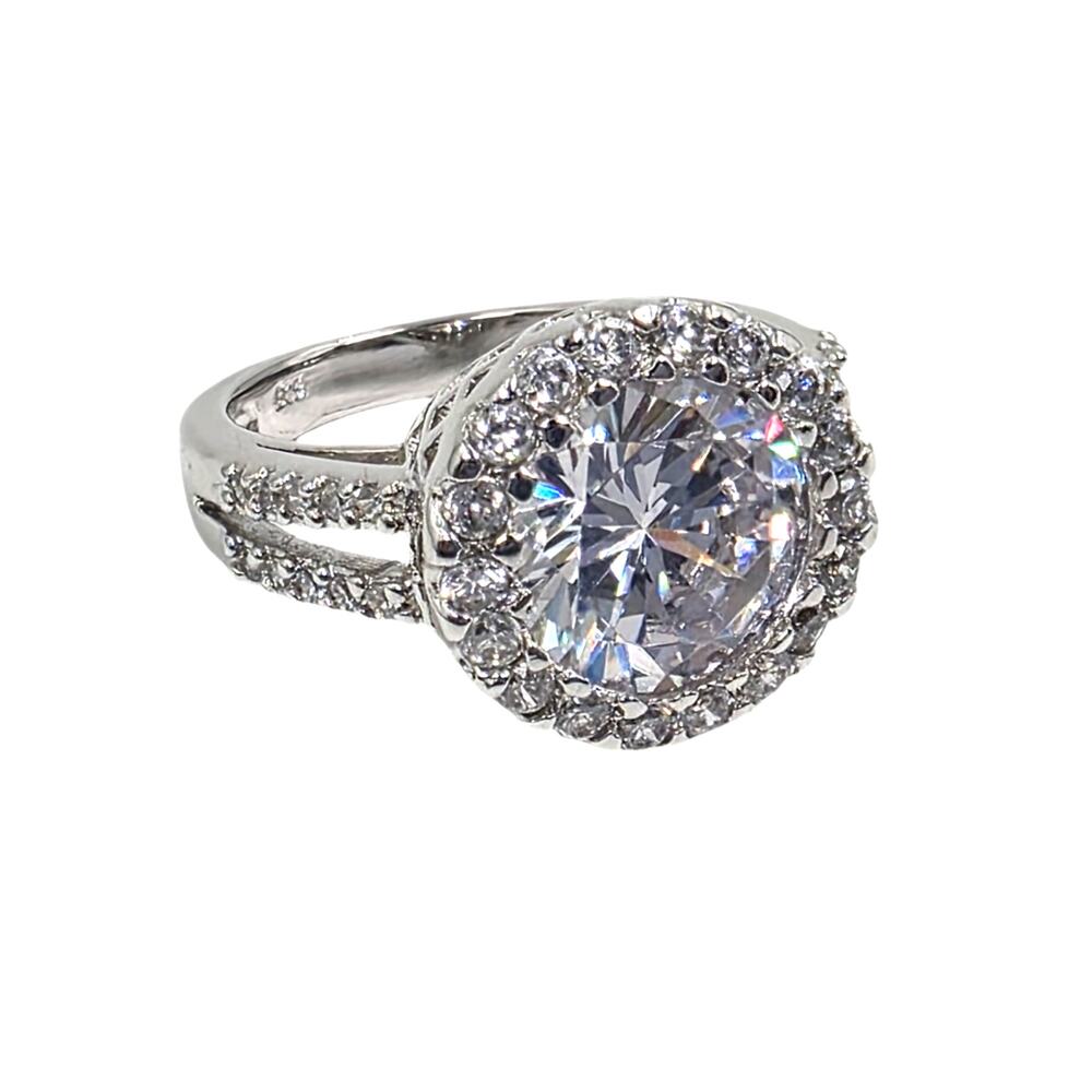 VTG Simulated-Diamond CZ Split Shank Engagement Halo Ring Sterling Silver Size 7